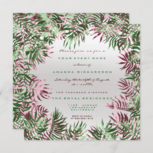 Tropical Green Palm Leaf Frame Silver Burgundy Invitation