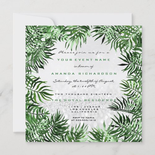 Tropical Green Palm Leaf Frame Silver Glitter Gray Invitation