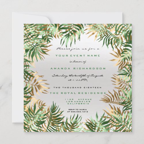 Tropical Green Palm Leaf Frame Silver Gray Gold Invitation