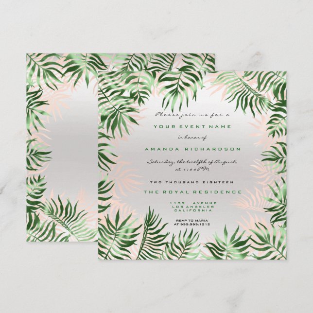 Tropical Green Palm Leaf Frame Silver Gray Pink Invitation (Front/Back)