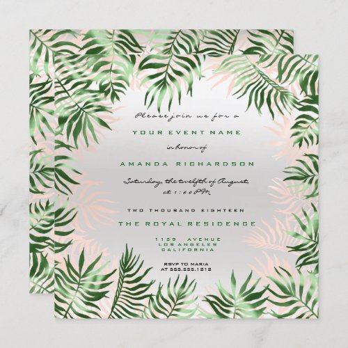 Tropical Green Palm Leaf Frame Silver Gray Pink Invitation