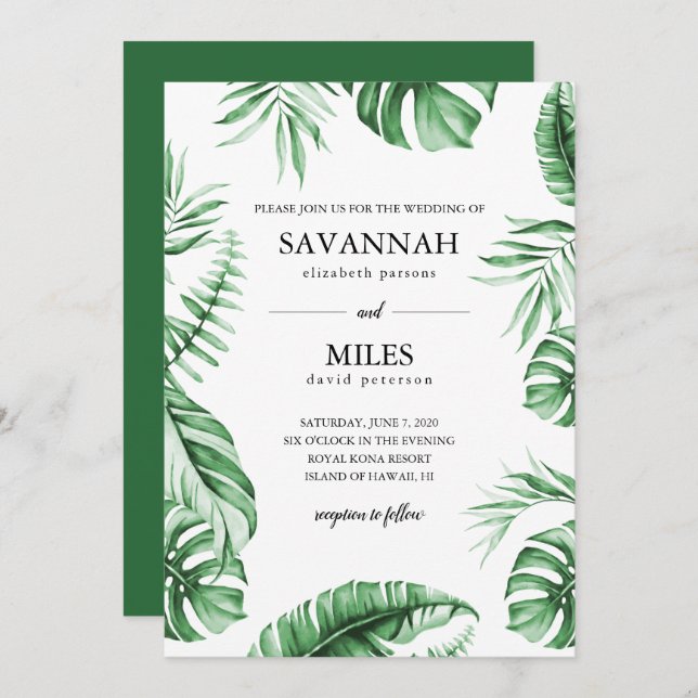 Tropical Green Palm Leaf Frame Wedding Invitation (Front/Back)