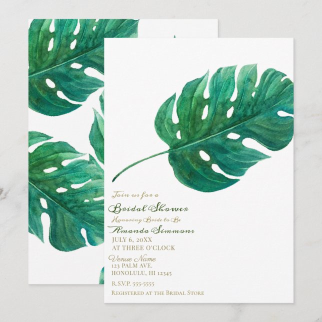Tropical Green Palm Leaf Hawaiian Bridal Shower Invitation (Front/Back)