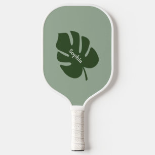 Tropical Green Palm Leaf Modern Monogram Pickleball Paddle