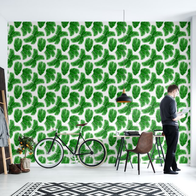 Tropical Green Palm Leaf Pattern Wallpaper (Living Room)