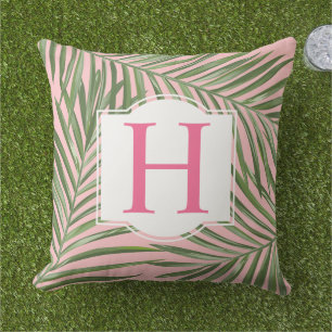 Tropical Green Palm Leaf Pink Monogram Initial Outdoor Pillow