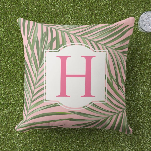 Tropical Green Palm Leaf Pink Monogram Initial Outdoor Pillow (Grass)