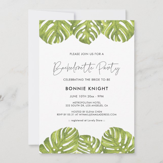 Tropical green palm leaves Bachelorette Party Invitation (Front)