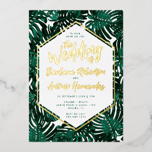 Tropical Green Palm Leaves Beach Wedding Foil Invitation