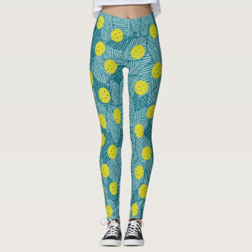 Tropical Green Palm Leaves Colorful Pickleball Leggings