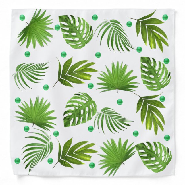 Tropical Green Palm Leaves & Confetti on White Bandana (Front)