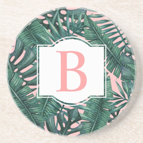 Tropical Green Palm Leaves Coral Monogram Coaster