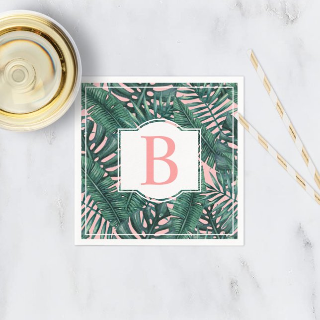 Tropical Green Palm Leaves Coral Monogram Napkins (Creator Uploaded)