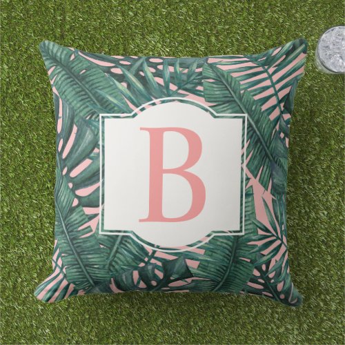 Tropical Green Palm Leaves Coral Monogram Outdoor Pillow