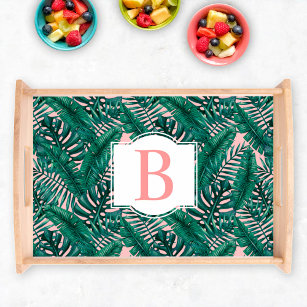 Tropical Green Palm Leaves Coral Monogram Serving Tray