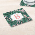 Tropical Green Palm Leaves Coral Monogram Square Paper Coaster<br><div class="desc">Tropical girly style coaster design features a green palm and monstera leaf pattern of layered fronds with pastel blush background. White decorative frame has a monogram letter in bright coral pink (can be customized) that you can personalize with your last name initial.</div>