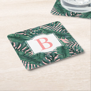 Tropical Green Palm Leaves Coral Monogram Square Paper Coaster