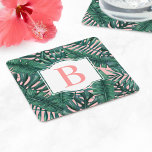 Tropical Green Palm Leaves Coral Monogram Square Paper Coaster<br><div class="desc">Tropical girly style coaster design features a green palm and monstera leaf pattern of layered fronds with pastel blush background. White decorative frame has a monogram letter in bright coral pink (can be customized) that you can personalize with your last name initial.</div>