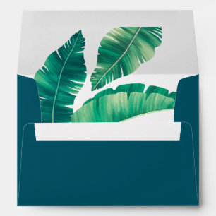 Tropical Green Palm Leaves, Dark Teal Blue Envelope