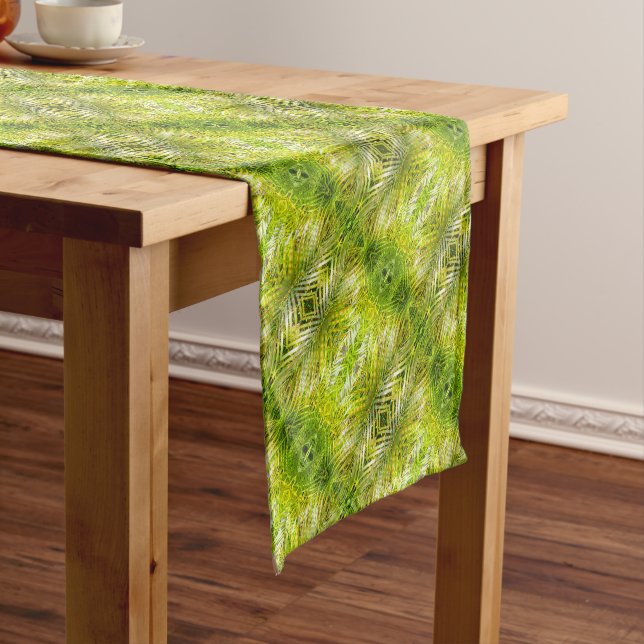Tropical green palm leaves diagonal pattern short table runner (In Situ)