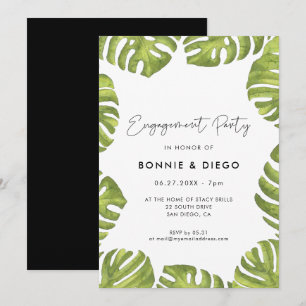 Tropical green palm leaves engagement party invitation