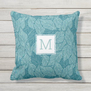 Tropical Green Palm Leaves Ferns Custom Monogram Outdoor Pillow