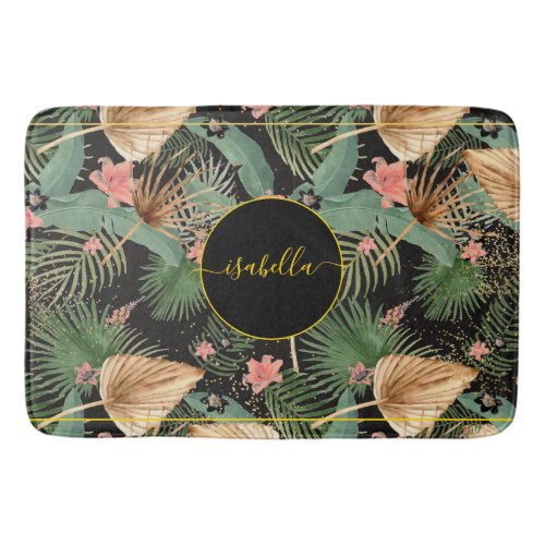 Tropical Green Palm Leaves Monogram Black Bath Mat