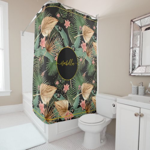 Tropical Green Palm Leaves Monogram Black Shower Curtain