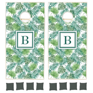 Tropical Green Palm Leaves Monogram Cornhole Set