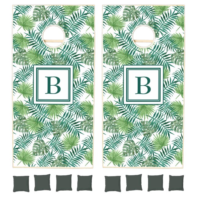 Tropical Green Palm Leaves Monogram Cornhole Set (Set)
