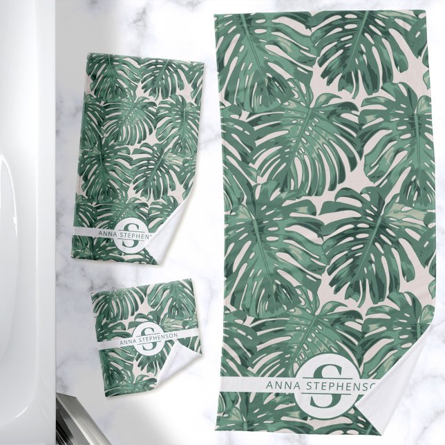 Tropical Green Palm Leaves Monogram Name Bath Towel Set (Bath towel set with green monstera leaves and monogram)