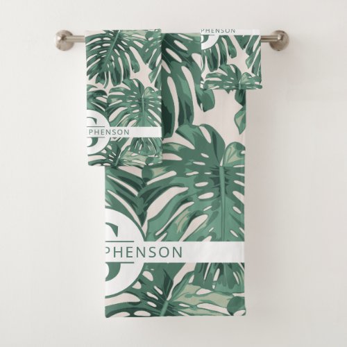 Tropical Green Palm Leaves Monogram Name Bath Towel Set