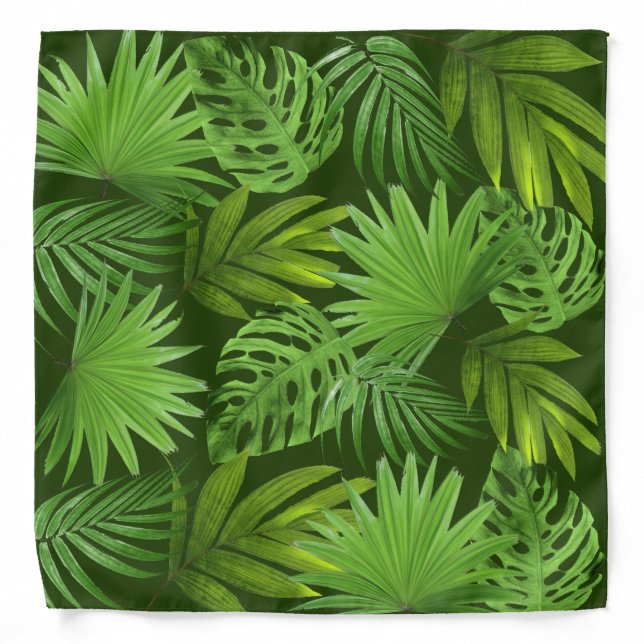 Tropical Green Palm Leaves on Forest Green Bandana (Front)