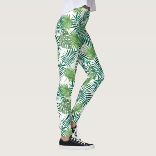 Tropical Green Palm Leaves Pattern Leggings