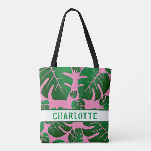 Tropical Green Palm Leaves Personalized Tote Bag (Back)