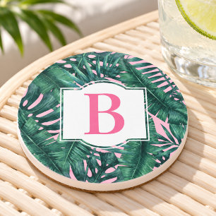 Tropical Green Palm Leaves Pink Monogram Coaster