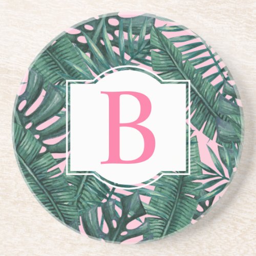 Tropical Green Palm Leaves Pink Monogram Coaster