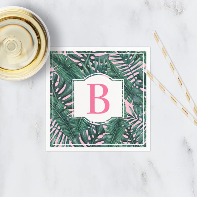 Tropical Green Palm Leaves Pink Monogram Napkins (Creator Uploaded)
