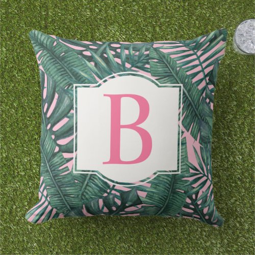 Tropical Green Palm Leaves Pink Monogram Outdoor Pillow