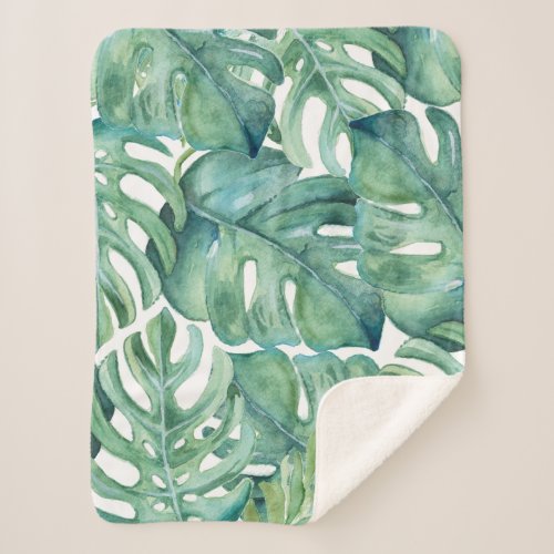 Tropical Green Palm Leaves Plant  Sherpa Blanket