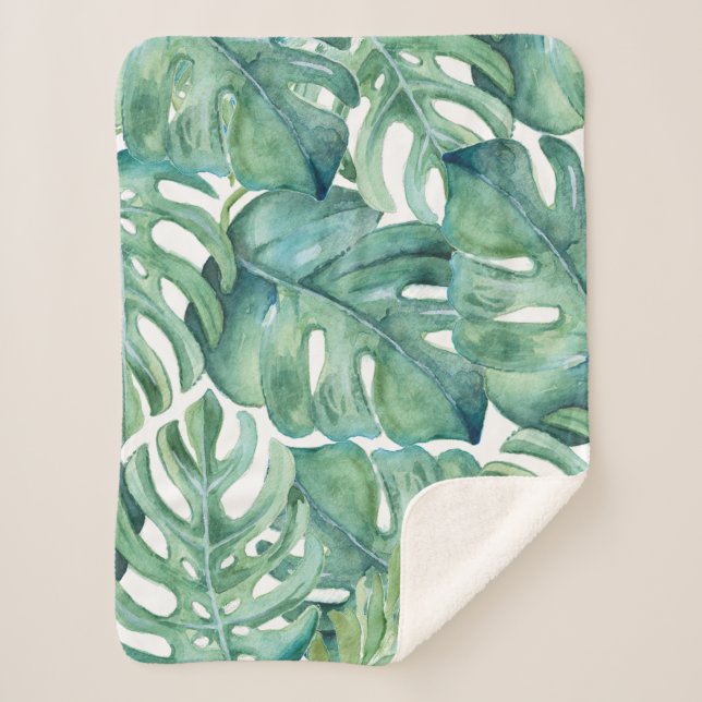 Tropical Green Palm Leaves Plant  Sherpa Blanket (Front)