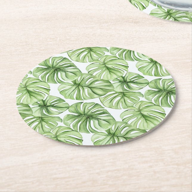 Tropical Green Palm Leaves  Round Paper Coaster (Angled)