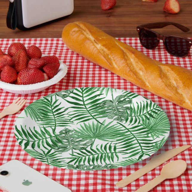 Tropical Green Palm Leaves Summer Art Pattern Paper Plates (Picnic)