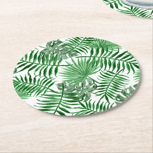 Tropical Green Palm Leaves Summer Art Pattern Round Paper Coaster