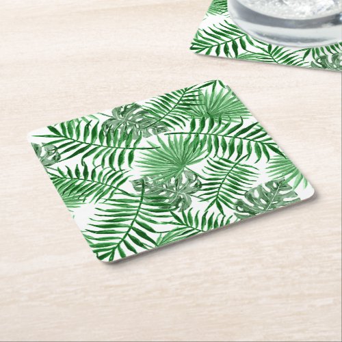 Tropical Green Palm Leaves Summer Art Pattern Square Paper Coaster