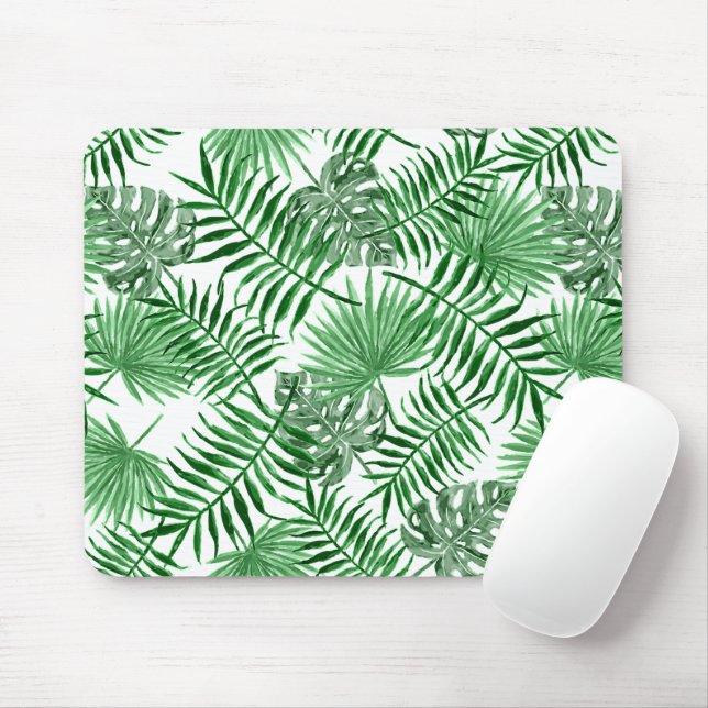 Tropical Green Palm Leaves Summer Pattern On White Mouse Pad (With Mouse)