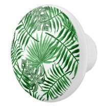 Tropical Green Palm Leaves Summer Watercolor Art Ceramic Knob