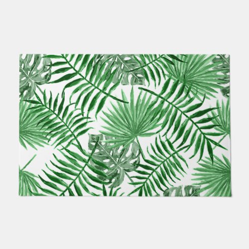 Tropical Green Palm Leaves Summer Watercolor Art Doormat