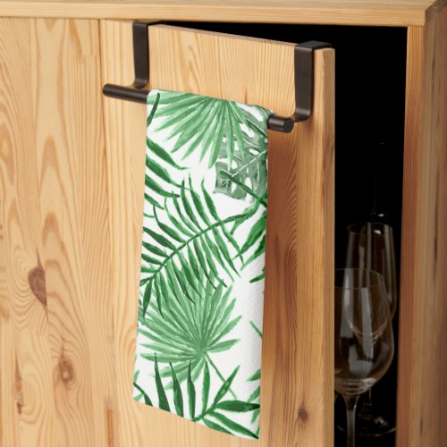 Tropical Green Palm Leaves Summer Watercolor Art Kitchen Towel