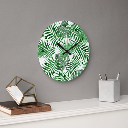 Tropical Green Palm Leaves Summer Watercolor Art Large Clock